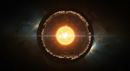 Concept art of a Dyson Sphere seen from the front, capturing a star at its core. The colossal megastructure emphasizes the scale of futuristic space engineering, with glowing stellar light radiating