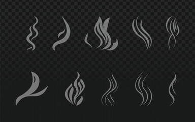 collection of stylized vector smoke, steam, and vapor icons. These design elements feature thin, curved lines, perfect for representing scent, heat, or aroma in various graphics.
