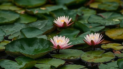Water Lilies in a Pond. Serene Pink and White Blossoms Floating on Green Pads.