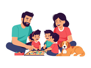 Family Board Game Joy: A joyful nuclear family enjoys quality time playing a board game, with their pet dog watching over in this vector illustration.