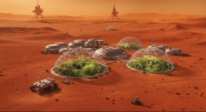 Futuristic Mars colony with biodome structures growing vegetation on the red planet. High-tech rovers and massive industrial towers dominate the landscape, illustrating the vision of human settlement 