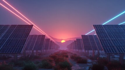 solar panels sunset neon glow
