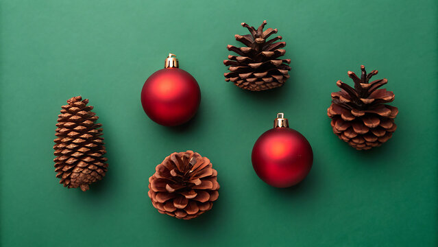 Festive red baubles and natural pinecones arranged for a warm, inviting holiday season celebration