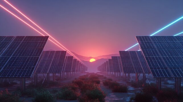 solar panels sunset neon glow