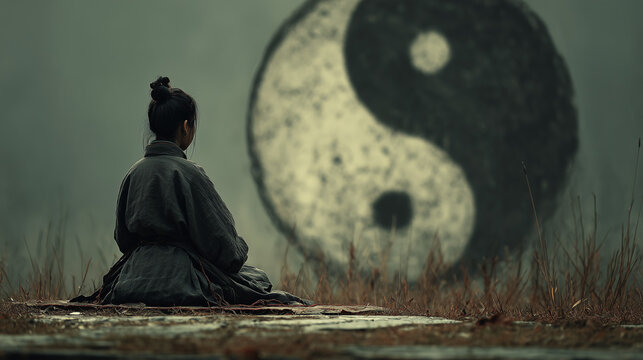 A samurai sitting turn back to camera , there are YINYANG is background.