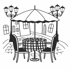 Charming european street cafe scene with checkered tablecloth umbrella and vintage lampposts
