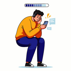 A young man with headphones looks bored and frustrated while waiting for his phone to load, experiencing digital exhaustion and slow internet connection.