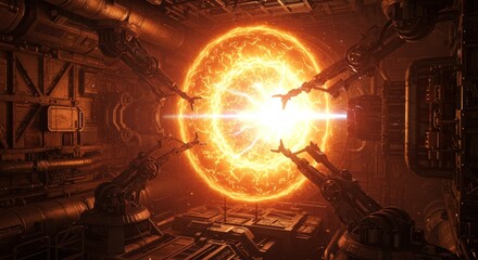 High-tech futuristic energy core with glowing plasma sphere contained within mechanical arms, emitting bright orange light. The design symbolizes advanced alien reactors, futuristic power sources