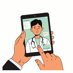 A person's hands hold a tablet displaying a friendly male doctor during a virtual telemedicine consultation, offering modern remote healthcare services.