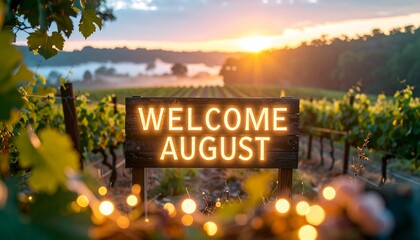 Welcome August Sign in Vineyard at Sunrise with Bokeh Lights