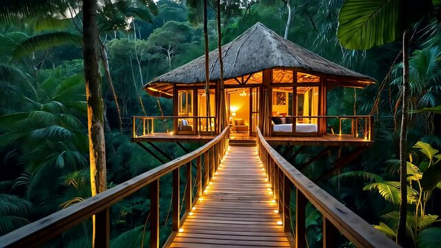 Wooden walkway with glowing lights leading to tropical treehouse surrounded by lush jungle greenery at night