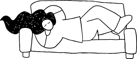 A woman lies and rests on a sofa with her hands under her head, vector design in corporate memphis style, grunge style curved black lines outlines