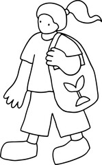 Young woman walking with bag with symbol of care for environment, woman with tail on head, vector design in corporate memphis style, grunge style curved black lines outlines