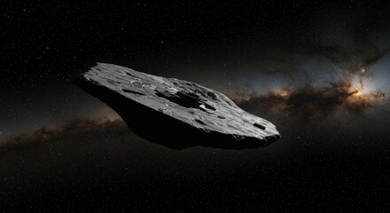 Futuristic sci-fi visualization of the interstellar object 3I/ATLAS, imagined as a massive alien disc-shaped spacecraft. Its dark metallic surface is covered with layered panels and structures, giving