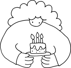 Woman with curly hair carrying cake with three candles, front view, vector design in corporate memphis style, grunge style curved black lines outlines