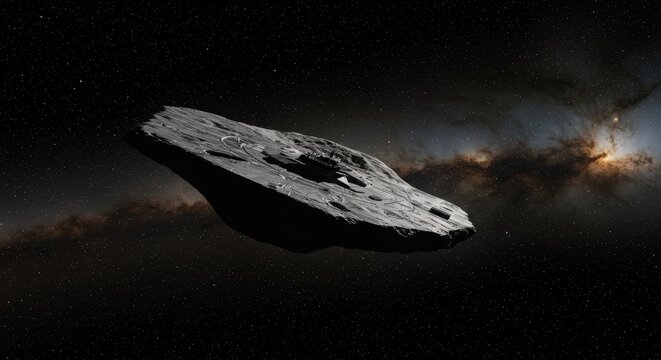 Futuristic sci-fi visualization of the interstellar object 3I/ATLAS, imagined as a massive alien disc-shaped spacecraft. Its dark metallic surface is covered with layered panels and structures, giving
