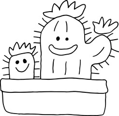 Cute prickly big and small cacti with flowers on top in a flower pot. Hand drawn doodle children drawings, contours with curved black lines in grunge style