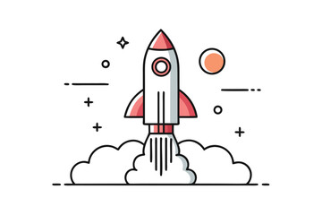 Fototapeta premium Cartoon Rocket Ship Launching into Space with Stars and Planet Illustration on White Background