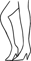 Female legs in shoes standing with one leg bent, side view, contours with curved black lines in grunge style