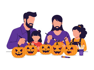 Festive Family Craft: A family engages in the time-honored tradition of pumpkin carving, their faces alight with joyous anticipation for the upcoming spooky season.