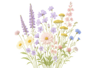 Naklejka premium Delicate pastel wildflowers creating a beautiful bouquet on transparent background