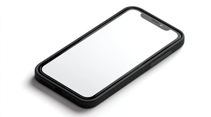A sleek black smartphone in a protective case, angled slightly, rests on a white background, casting a subtle shadow.  Its blank screen offers design space