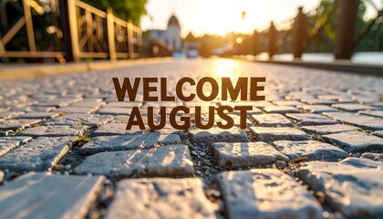 Welcome August Text on Stone Pathway at Sunset