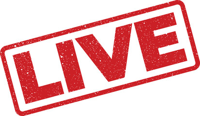 Distressed live broadcast stamp vector, red textured seal, perfect for streaming announcement or social media