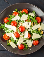 Fresh salad with cherry tomatoes, arugula, cheese, and nuts