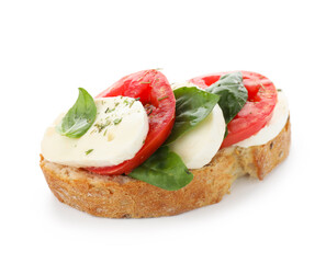 Delicious sandwich with mozzarella cheese, tomatoes and basil isolated on white