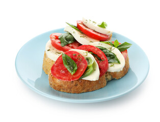 Delicious sandwiches with mozzarella cheese, tomatoes and basil isolated on white