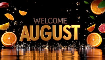 Welcome August with Citrus Fruits and Water Splashes on Black