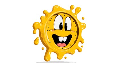 A cheerful, animated clock character with a yellow, melting appearance and smiling expression