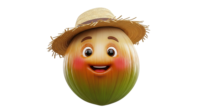A happy 3D cartoon coconut character wearing a straw hat and smiling cheerfully on a white background.