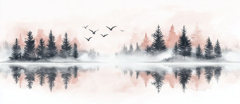 The traditional Japanese art of sumi-e is depicted in a serene scene of a misty forest island set against a sunrise sky