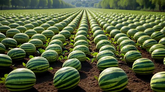 Large agricultural field with rows of watermelons growing on soil under bright daylight in rural countryside farm