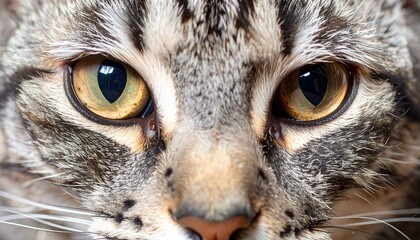 Realistic macro close-up capturing the captivating amber eyes and striped fur of a domestic tabby cat, showcasing its intricate facial details and gentle gaze.