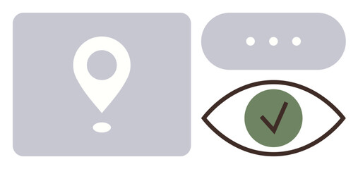 Location pin, eye with a checkmark, and speech bubble with ellipsis suggest navigation, confirmation, and communication. Ideal for user interface, technology, validation, messaging map apps SEO