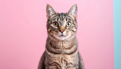 Obraz premium Adorable tabby cat with striking stripes and wide, curious eyes looks directly at the camera, set against a soft pink background.