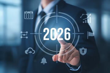 Obraz premium A businessperson interacts with a futuristic interface, highlighting the year 2026 and surrounded by various technology icons.