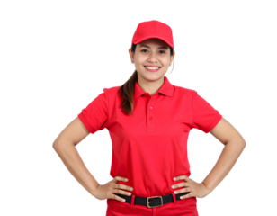 Front-facing smiling delivery person in a red uniform with hat isolated on a transparent background.