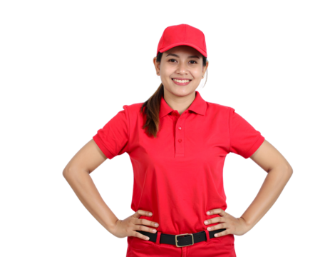 Front-facing smiling delivery person in a red uniform with hat isolated on a transparent background.