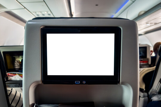 LCD monitor screen rear seat on the plane technology for entertainment. Airplane seats with screen monitor service for passenger entertainment on board. blank form for design. empty screen