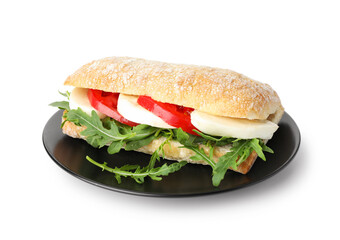 Delicious sandwich with mozzarella cheese, tomato and arugula isolated on white