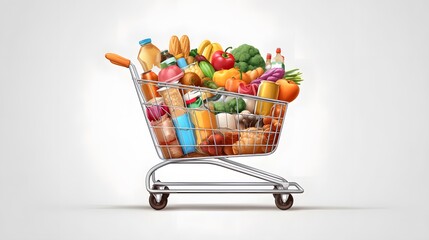 A shopping cart overflowing with groceries. The cart is full of vibrant fruits, vegetables, and various food products