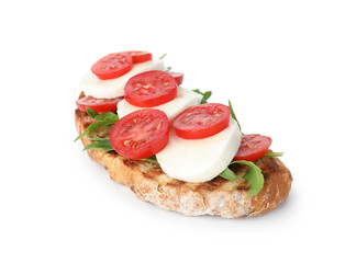Delicious sandwich with mozzarella cheese, tomato and arugula isolated on white