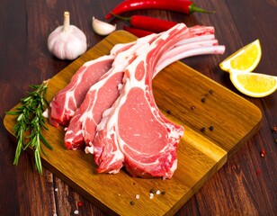 Raw rack of lamb chops on wooden board with herbs and spices