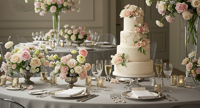 Elegant wedding reception table with tiered cake, champagne flutes, floral decorations, and fine dining setup, romantic celebration photography, luxury event décor, festive banquet atmosphere, love an