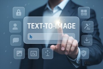 A hand interacts with a futuristic text-to-image interface, showcasing a modern technology concept.