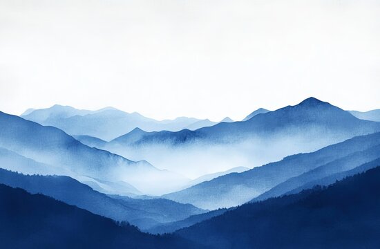 A traditional Japanese sumi-e ink wash painting depicts a minimalist landscape of blue misty forest mountains, symbolizing eternity as per the translation of hieroglyph